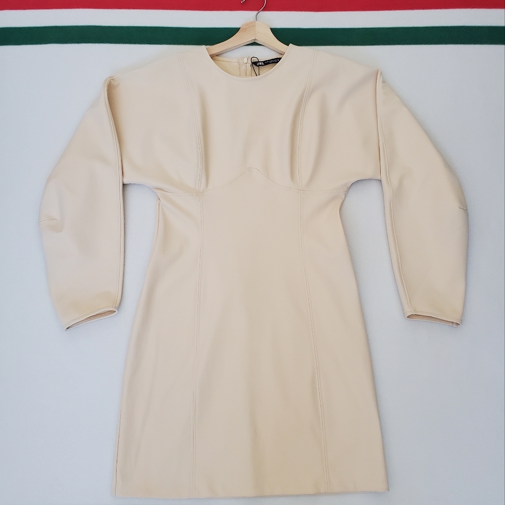 NWT Zara Long Sleeve Neoprene Cream Mini Dress - Picture 3 of 12